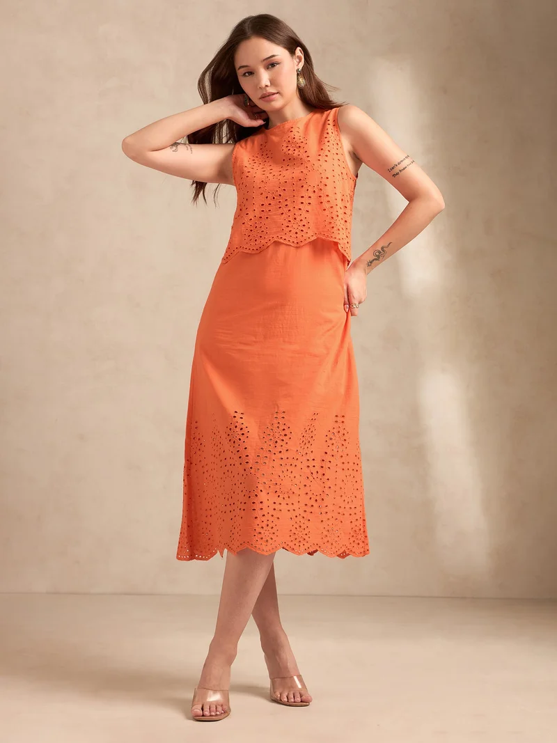 Outzidr  Orange Sleeveless Schiffli Maxi Dress for Women | Best Price UAE